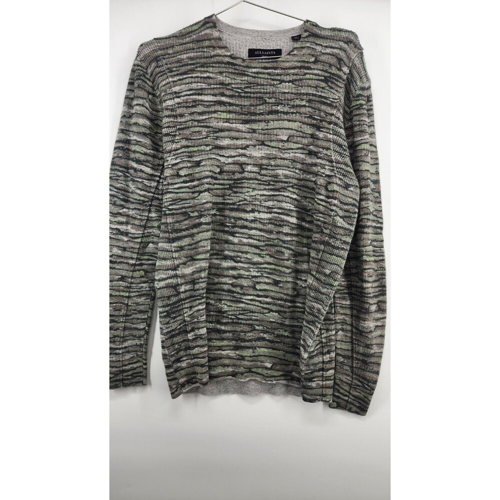 ALL SAINTS Mens Small Gray Dissolved Stripe Crewneck Sweater 100% Cotton